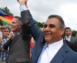 Plaintiffs Gregory Bourke (left) and Michael DeLeon (right)[45] celebrate outside the Supreme Court building on June 26, 2015.