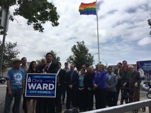 Kevin Ward addresses supporters at a press conference under the Hillcrest Rainbow Flag Photo: Thom Senzee