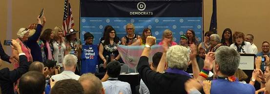 Many of the 28 transgender delegates, the largest group of transgender delegates to serve during the DNC, celebrated and honored on the main stage alongside U.S. Rep. Mike Honda (D-Calif.). LGBT Caucus. Pennsylvania Convention Center. (July 26, 2016) 