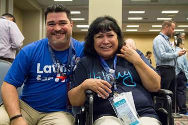 Indianapolis Councilmember Zach Adamson wearing a Latino for Hillary campaign t-shirt. LGBT Caucus. Pennsylvania Convention Center. (July 26, 2016) 