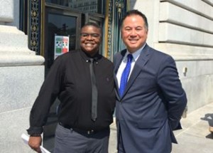 Community member Sara Rosenfeld and Asm. Phil Ting at press conference supporting AB 1732 | Photo: Transgender Law Center