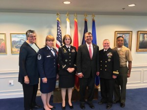 Transgender service members from SPARTA pose with SPARTAs Sue Fulton (far left) and Secretary of Defense Ash Carter (second from right) Photo credit TransMilitary